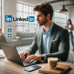A-realistic-image-of-a-young-professional-sitting-at-a-desk-using-LinkedIn-on-a-laptop-dressed-in-business-casual-attire.-The-background-shows-a-mode